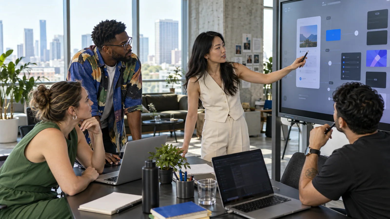 A diverse engineering team building a product together in a bright studio