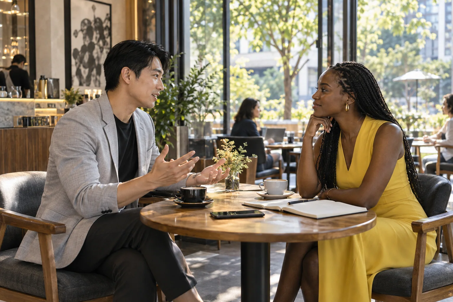 Two professionals discussing a career or product challenge in a bright café